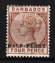 Барбадос, 1892, Стандарт, Королева Виктория, Надпечатка нового номинала, 1 марка-миниатюра